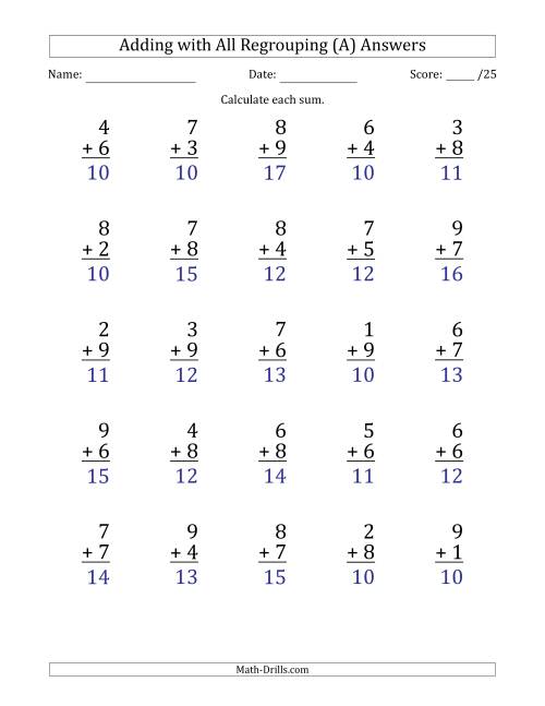 The 25 Single-Digit Addition Questions with All Regrouping (A) Math Worksheet Page 2