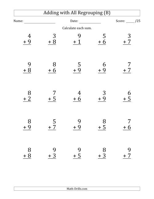 The 25 Single-Digit Addition Questions with All Regrouping (B) Math Worksheet