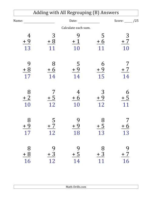 The 25 Single-Digit Addition Questions with All Regrouping (B) Math Worksheet Page 2