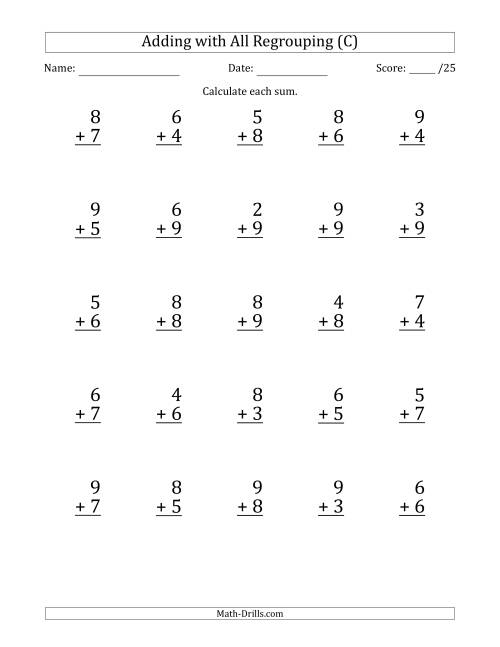 The 25 Single-Digit Addition Questions with All Regrouping (C) Math Worksheet