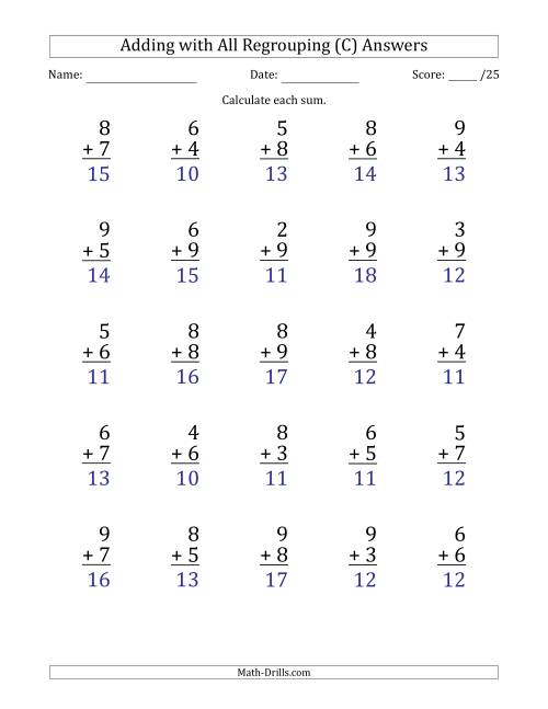 The 25 Single-Digit Addition Questions with All Regrouping (C) Math Worksheet Page 2