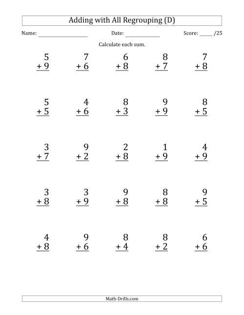 The 25 Single-Digit Addition Questions with All Regrouping (D) Math Worksheet
