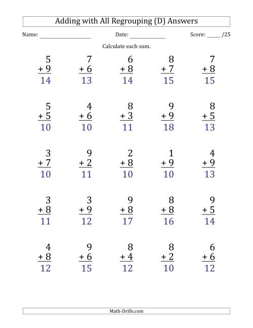 The 25 Single-Digit Addition Questions with All Regrouping (D) Math Worksheet Page 2