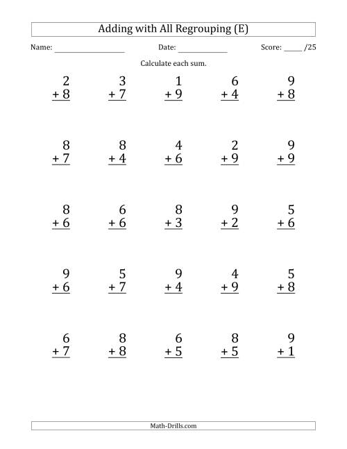The 25 Single-Digit Addition Questions with All Regrouping (E) Math Worksheet