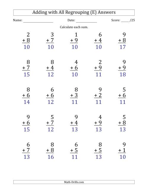 The 25 Single-Digit Addition Questions with All Regrouping (E) Math Worksheet Page 2
