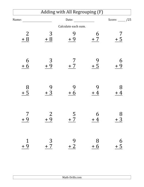 The 25 Single-Digit Addition Questions with All Regrouping (F) Math Worksheet