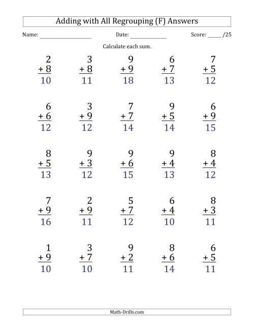 The 25 Single-Digit Addition Questions with All Regrouping (F) Math Worksheet Page 2