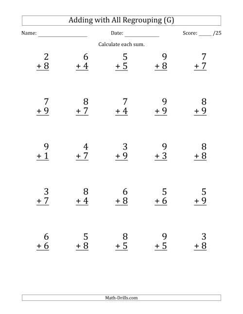 The 25 Single-Digit Addition Questions with All Regrouping (G) Math Worksheet