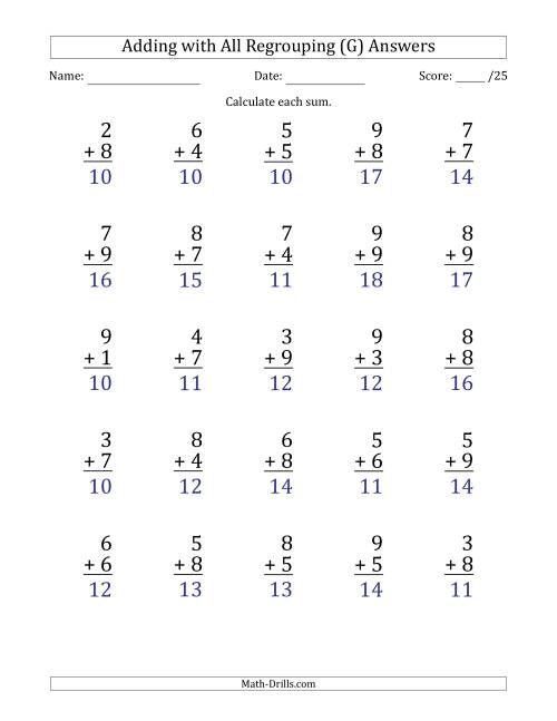 The 25 Single-Digit Addition Questions with All Regrouping (G) Math Worksheet Page 2