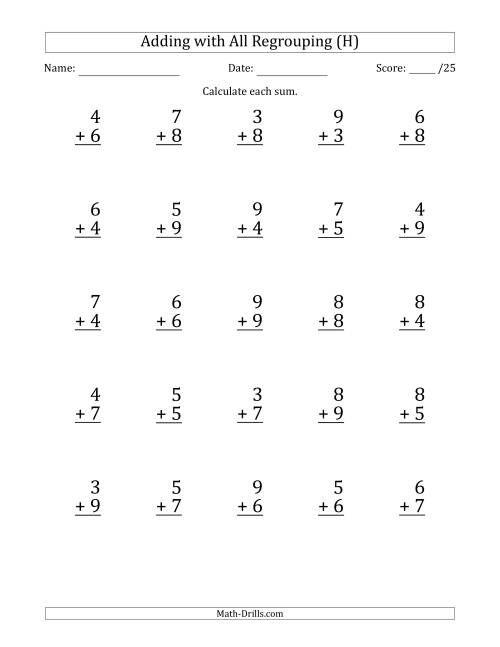 The 25 Single-Digit Addition Questions with All Regrouping (H) Math Worksheet