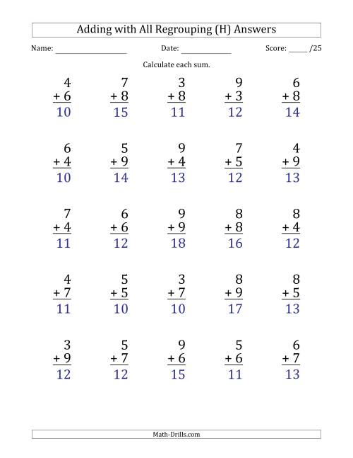 The 25 Single-Digit Addition Questions with All Regrouping (H) Math Worksheet Page 2