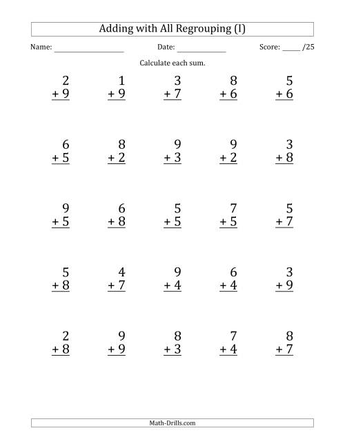 The 25 Single-Digit Addition Questions with All Regrouping (I) Math Worksheet