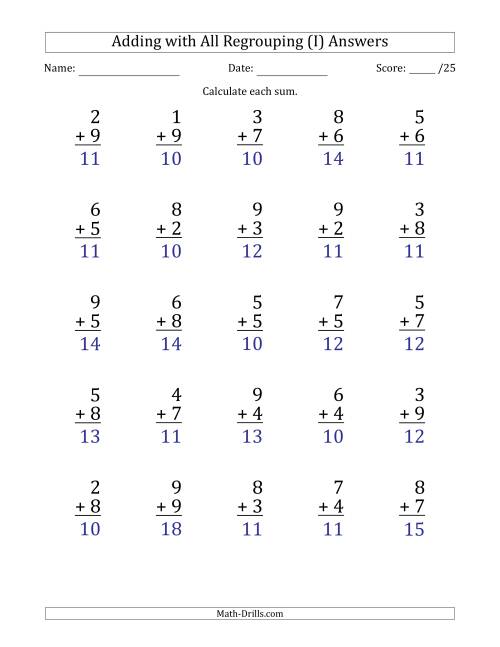 The 25 Single-Digit Addition Questions with All Regrouping (I) Math Worksheet Page 2