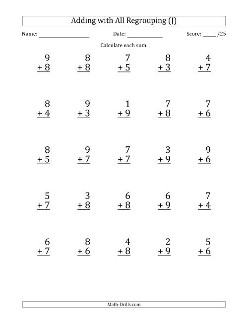 The 25 Single-Digit Addition Questions with All Regrouping (J) Math Worksheet