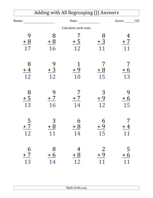 The 25 Single-Digit Addition Questions with All Regrouping (J) Math Worksheet Page 2