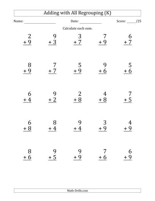 The 25 Single-Digit Addition Questions with All Regrouping (K) Math Worksheet