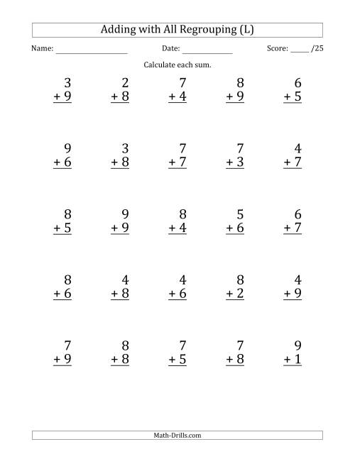 The 25 Single-Digit Addition Questions with All Regrouping (L) Math Worksheet