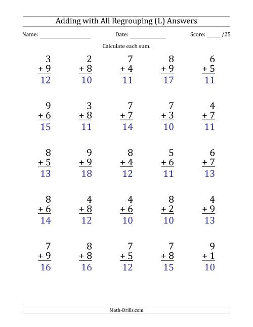 The 25 Single-Digit Addition Questions with All Regrouping (L) Math Worksheet Page 2