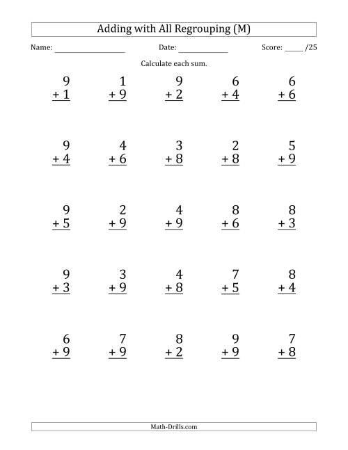 The 25 Single-Digit Addition Questions with All Regrouping (M) Math Worksheet