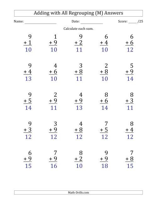 The 25 Single-Digit Addition Questions with All Regrouping (M) Math Worksheet Page 2