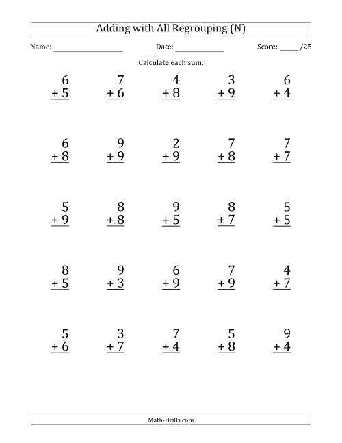 The 25 Single-Digit Addition Questions with All Regrouping (N) Math Worksheet