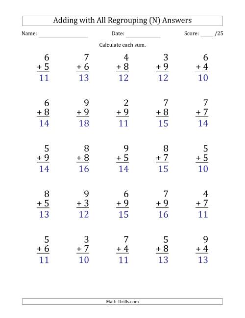 The 25 Single-Digit Addition Questions with All Regrouping (N) Math Worksheet Page 2