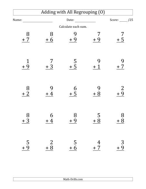 The 25 Single-Digit Addition Questions with All Regrouping (O) Math Worksheet