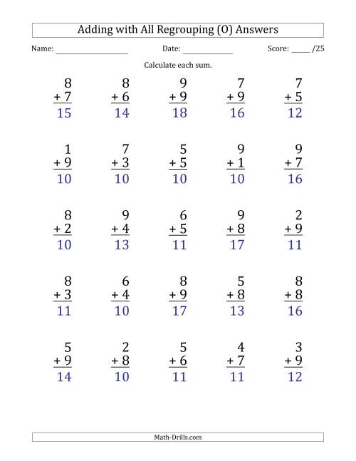 The 25 Single-Digit Addition Questions with All Regrouping (O) Math Worksheet Page 2