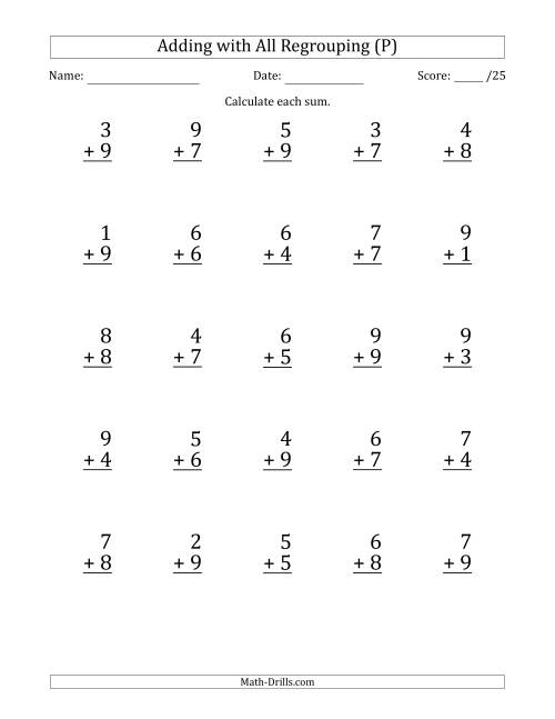 The 25 Single-Digit Addition Questions with All Regrouping (P) Math Worksheet