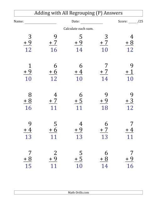 The 25 Single-Digit Addition Questions with All Regrouping (P) Math Worksheet Page 2