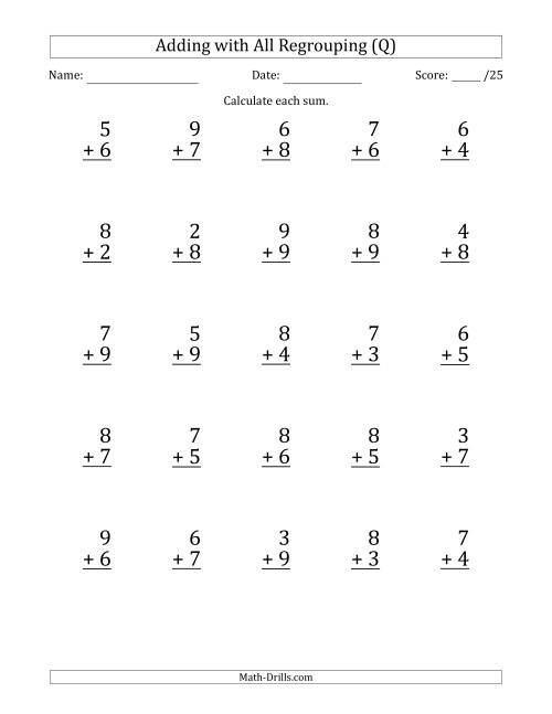 The 25 Single-Digit Addition Questions with All Regrouping (Q) Math Worksheet
