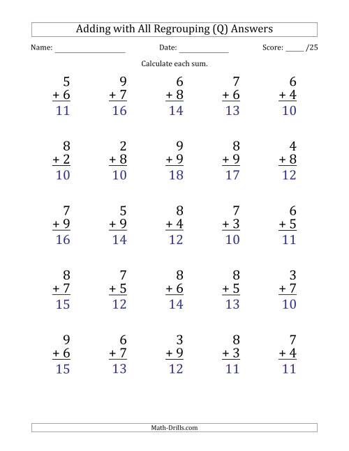 The 25 Single-Digit Addition Questions with All Regrouping (Q) Math Worksheet Page 2