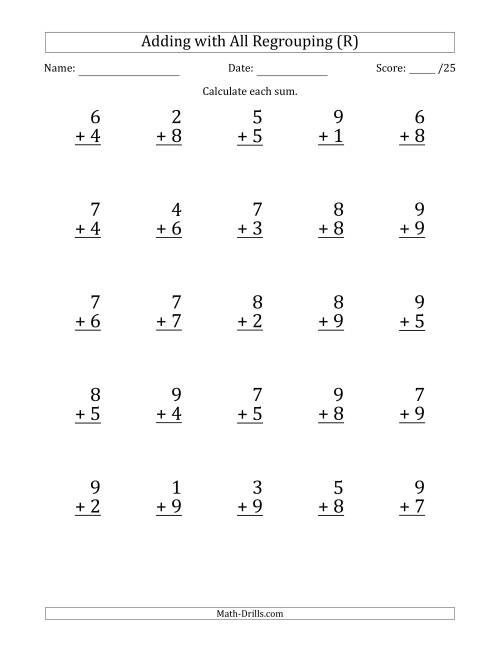 The 25 Single-Digit Addition Questions with All Regrouping (R) Math Worksheet