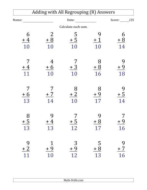 The 25 Single-Digit Addition Questions with All Regrouping (R) Math Worksheet Page 2