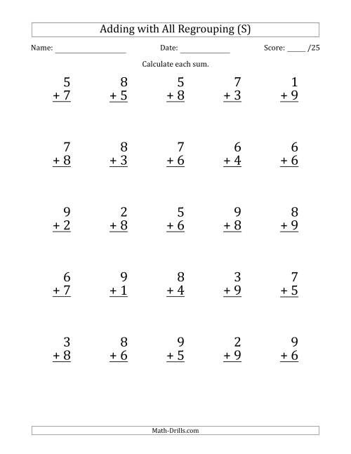 The 25 Single-Digit Addition Questions with All Regrouping (S) Math Worksheet