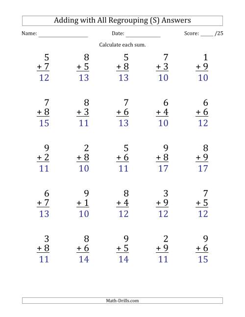 The 25 Single-Digit Addition Questions with All Regrouping (S) Math Worksheet Page 2
