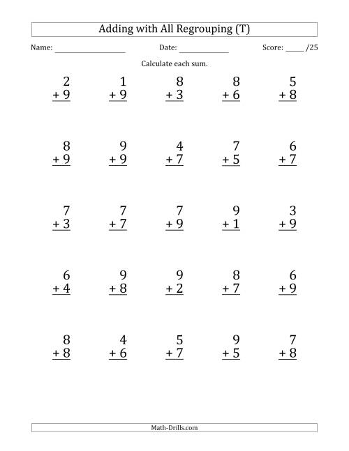 The 25 Single-Digit Addition Questions with All Regrouping (T) Math Worksheet
