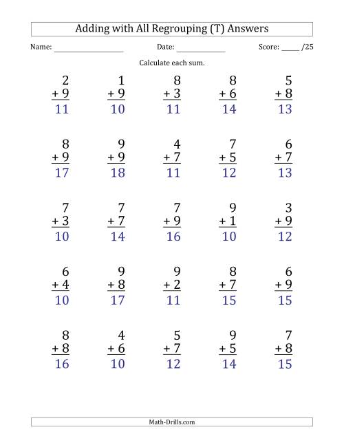 The 25 Single-Digit Addition Questions with All Regrouping (T) Math Worksheet Page 2