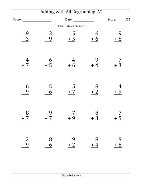 The 25 Single-Digit Addition Questions with All Regrouping (V) Math Worksheet