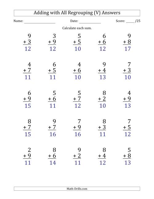 The 25 Single-Digit Addition Questions with All Regrouping (V) Math Worksheet Page 2
