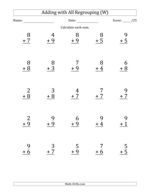 The 25 Single-Digit Addition Questions with All Regrouping (W) Math Worksheet