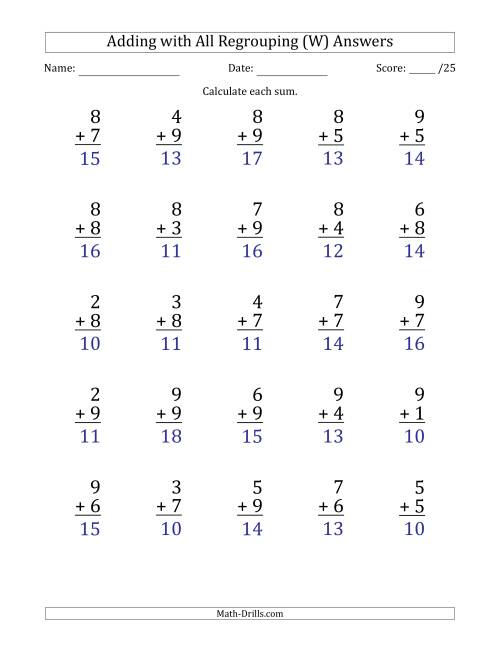 The 25 Single-Digit Addition Questions with All Regrouping (W) Math Worksheet Page 2