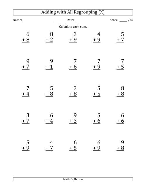 The 25 Single-Digit Addition Questions with All Regrouping (X) Math Worksheet