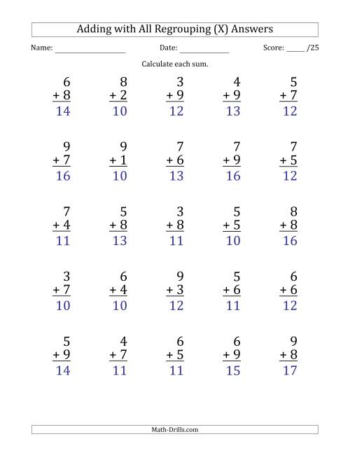 The 25 Single-Digit Addition Questions with All Regrouping (X) Math Worksheet Page 2