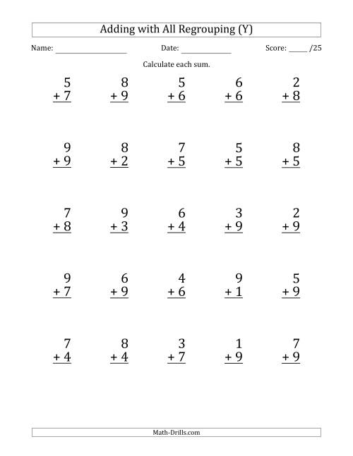 The 25 Single-Digit Addition Questions with All Regrouping (Y) Math Worksheet