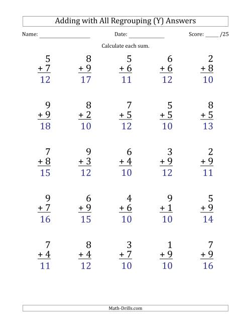 The 25 Single-Digit Addition Questions with All Regrouping (Y) Math Worksheet Page 2