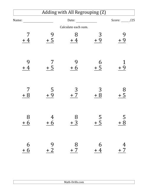 The 25 Single-Digit Addition Questions with All Regrouping (Z) Math Worksheet