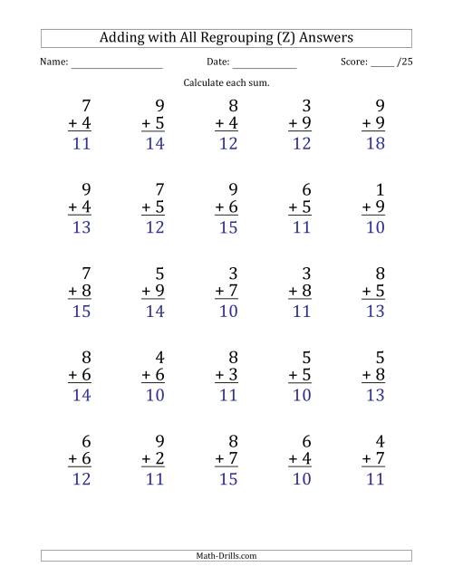 The 25 Single-Digit Addition Questions with All Regrouping (Z) Math Worksheet Page 2