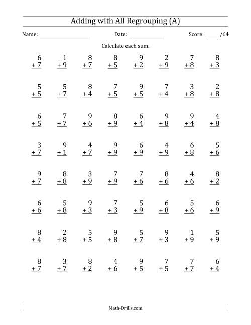 The 64 Single-Digit Addition Questions with All Regrouping (A) Math Worksheet