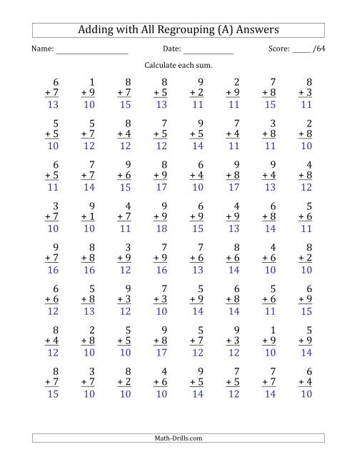 The 64 Single-Digit Addition Questions with All Regrouping (A) Math Worksheet Page 2